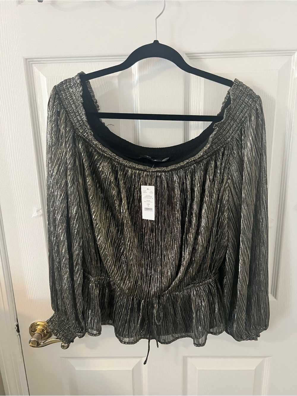 White House Black Market Metallic Off-Shoulder Blouse in Black and Gold